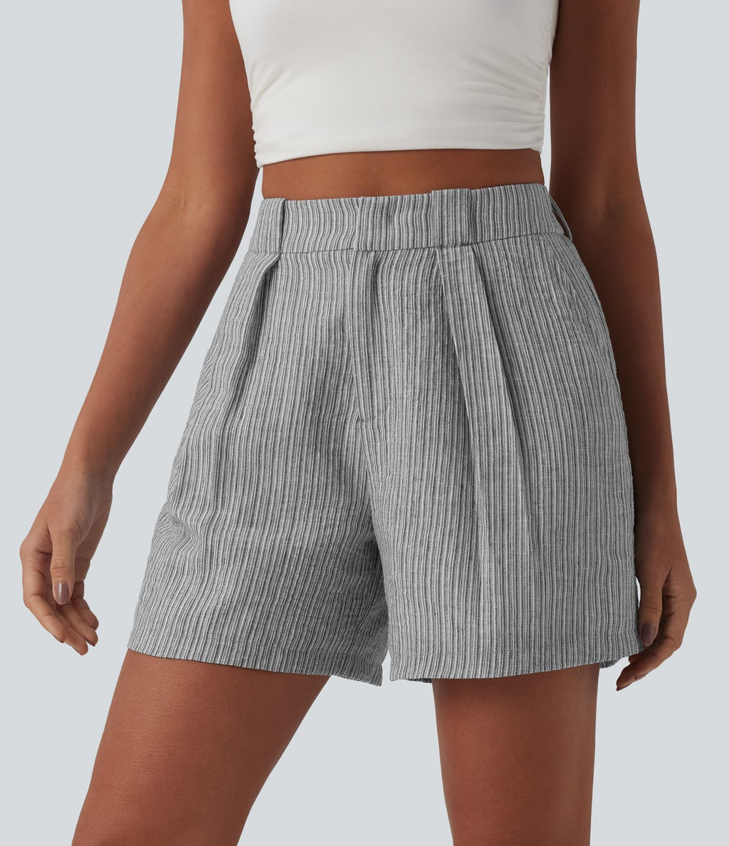 Short casual large aspect lin taille haute avec poches