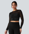 Top de sport yoga col rond manches longues froncé avec mesh contrastant