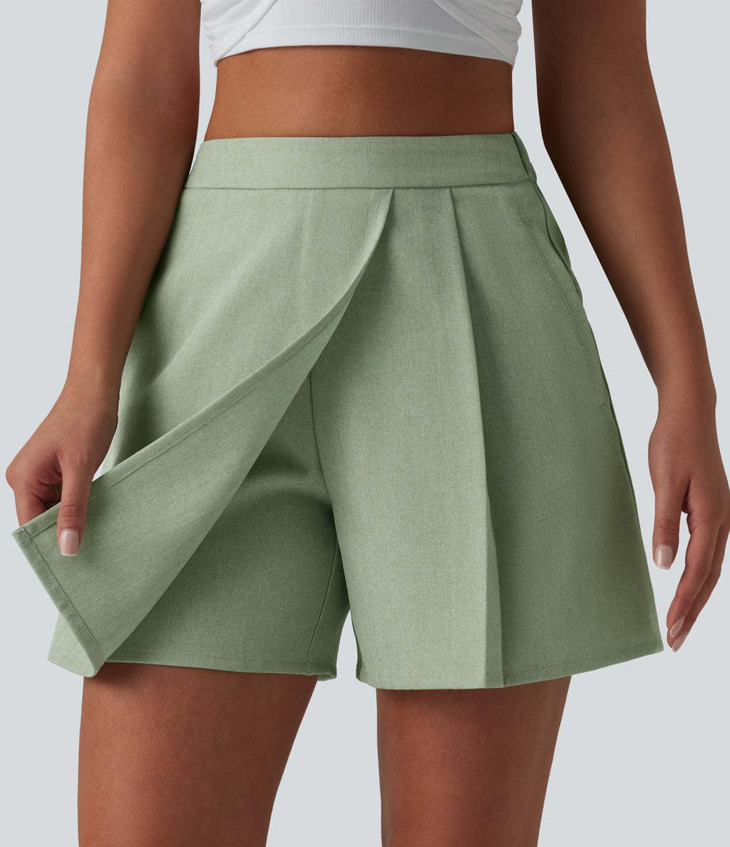 Jupe-short plissée taille haute casual infroissable aspect lin avec poches