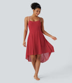 Robe active de danse midi fluide à dos nu avec lacets, 2-en-1, poche, ourlet asymétrique et maille contrastée