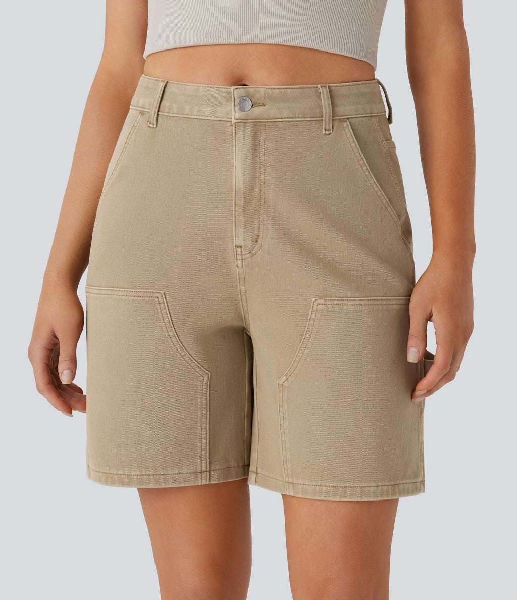 Short bermuda décontracté en denim extensible lavé Halara Flex™ taille mi-haute avec poches multiples
