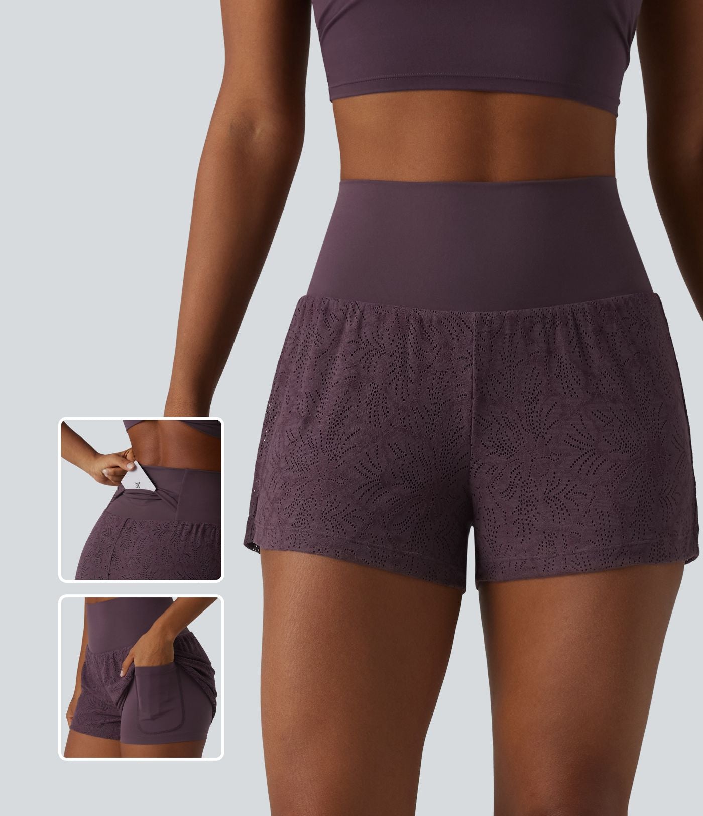 SoftlyZero™ Short de sport 2 en 1 taille haute en dentelle 7,5 cm avec poches