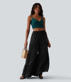 Pantalon large fluide taille haute aspect lin avec poches