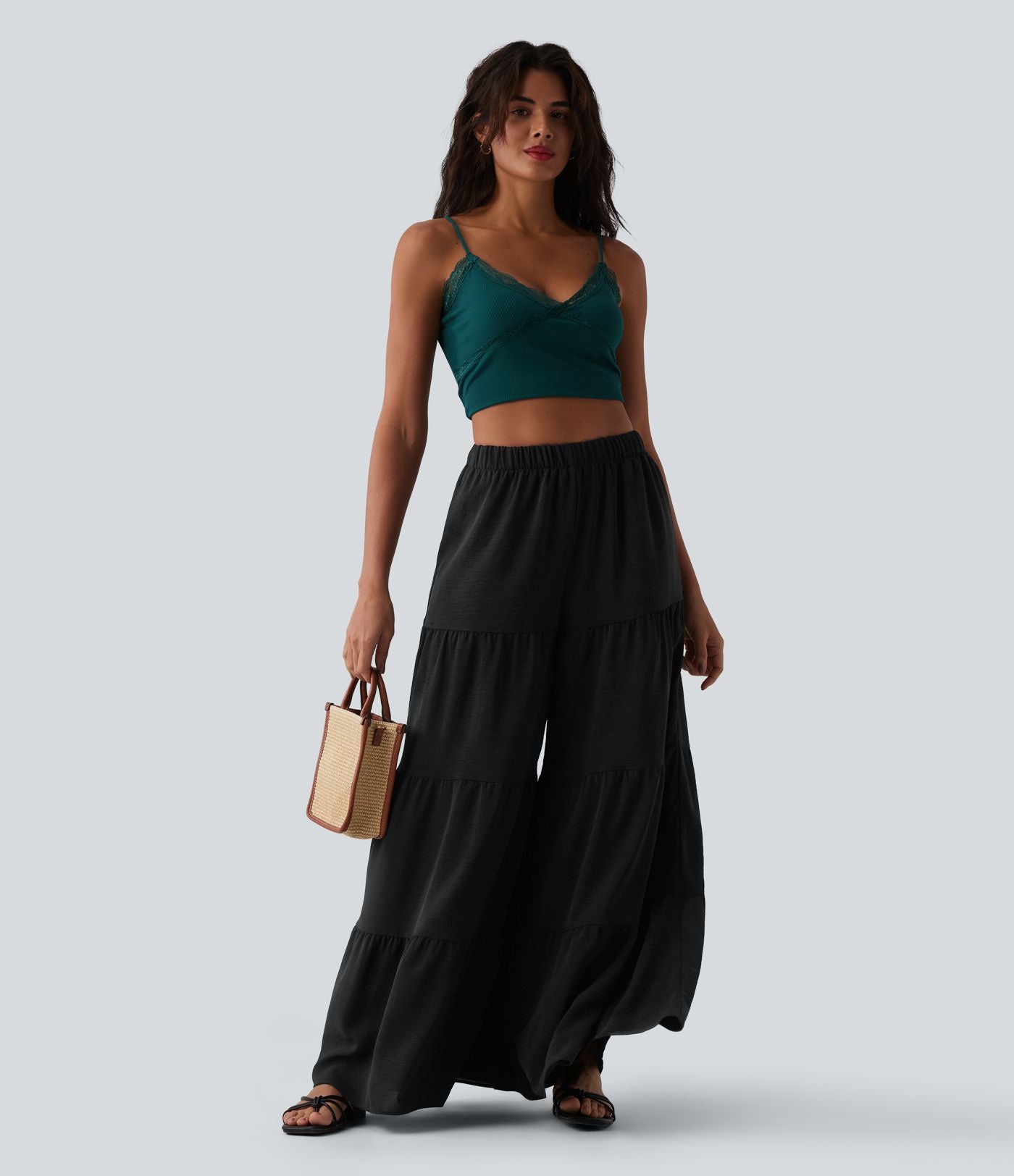 Pantalon large fluide taille haute aspect lin avec poches
