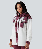 Veste sherpa carreaux color block manches longues avec poches