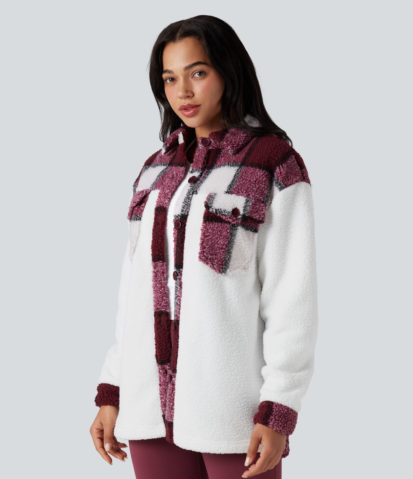 Veste sherpa carreaux color block manches longues avec poches