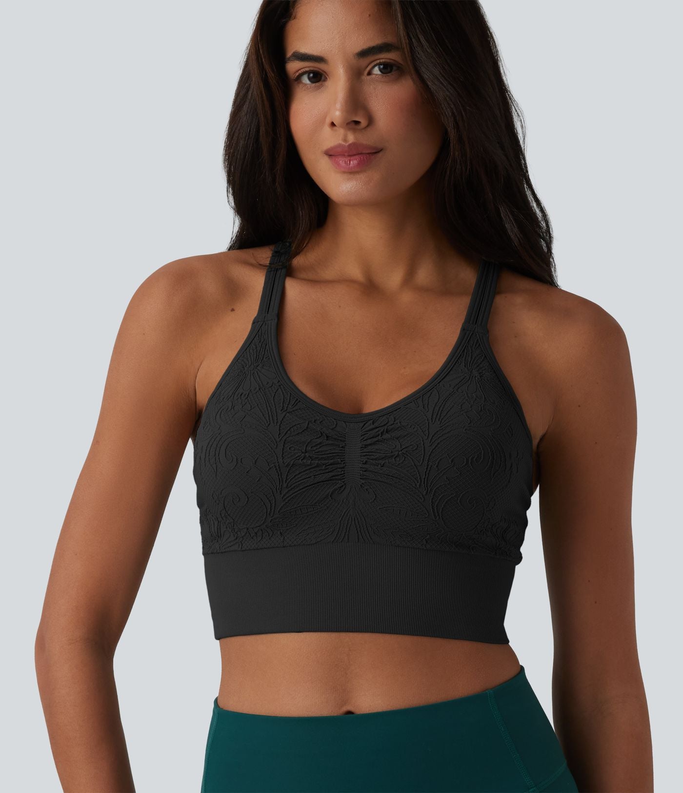 OneForm Débardeur court de yoga sans coutures jacquard dos nu croisé froncé soutien-gorge intégré