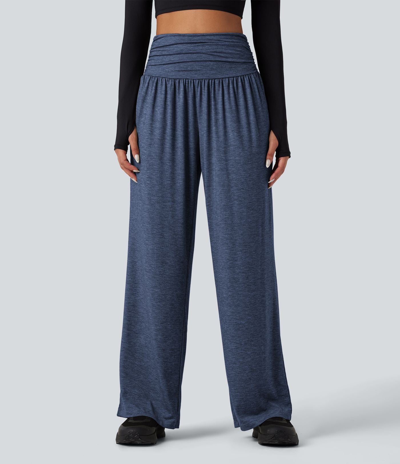 Pantalon de yoga large froncé chiné taille haute avec poches