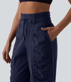 Pantalon running coupe droite taille haute à cordon de serrage et fronces séchage rapide avec poches