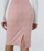 Jupe crayon de travail à taille haute, fente et motif pied-de-poule et carreaux
