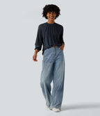 Blouse mesh contrastant col rond manches raglan longues