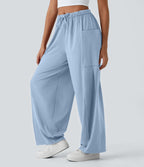 Pantalon Large Fluide Taille Mi-Haute Taille Élastique Cordon Poches Latérales Ourlet Flottant