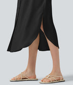 Robe chemise midi décontractée en mélange de lin, col classique, manches cape, ceinturée, ourlet arrondi fendu avec poches