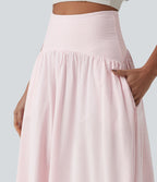 Jupe fluide midi casual taille haute à rayures en coton froissé, avec poches