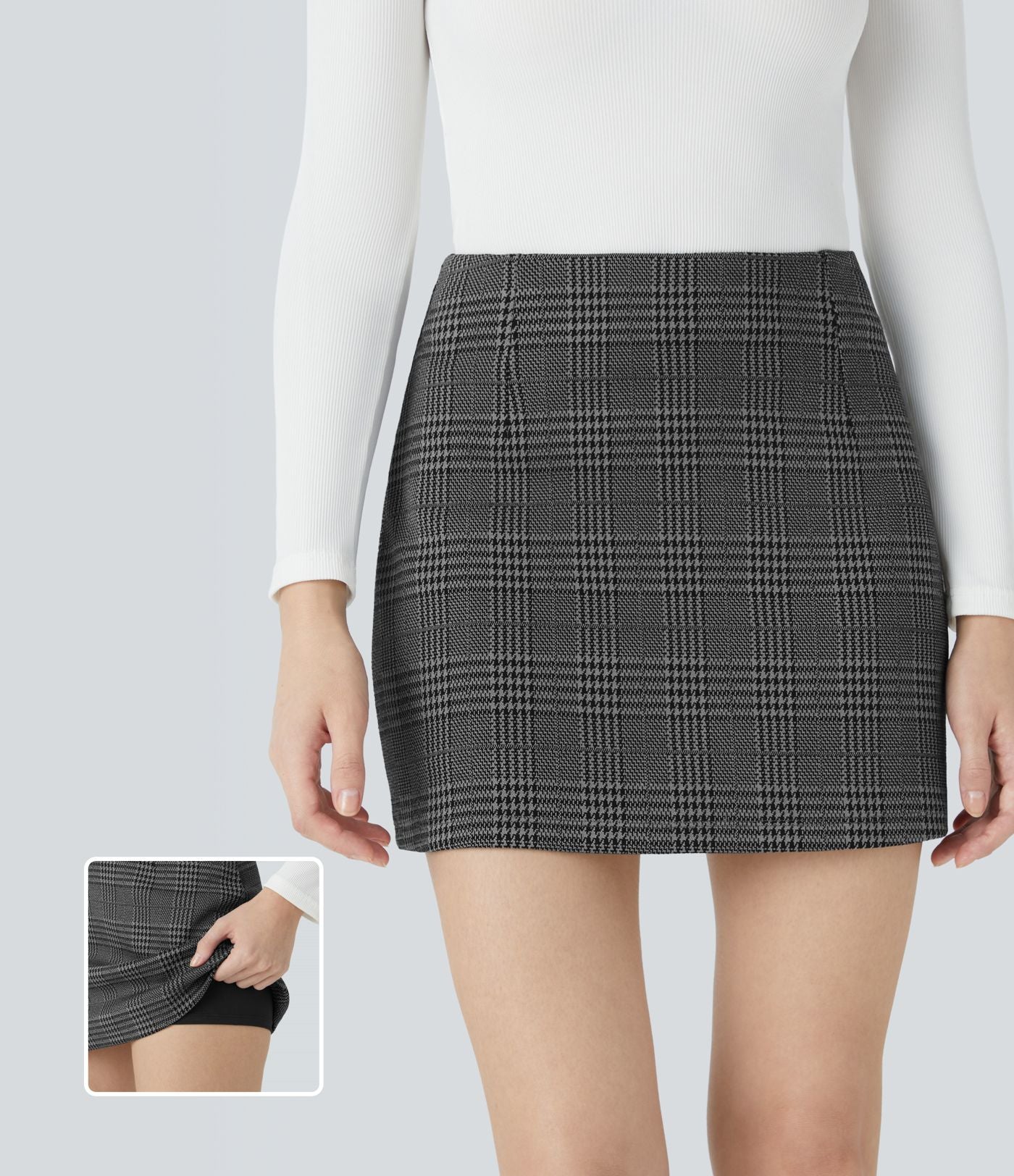Jupe de Travail Mini 2-en-1 Taille Haute à Motif Pied-de-Poule