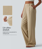 Pantalon taille haute casual en lin stretch coupe droite avec poches