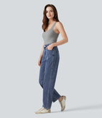 Halara Flex™ Jean droit extensible à taille haute avec bouton, fermeture éclair et poches multiples