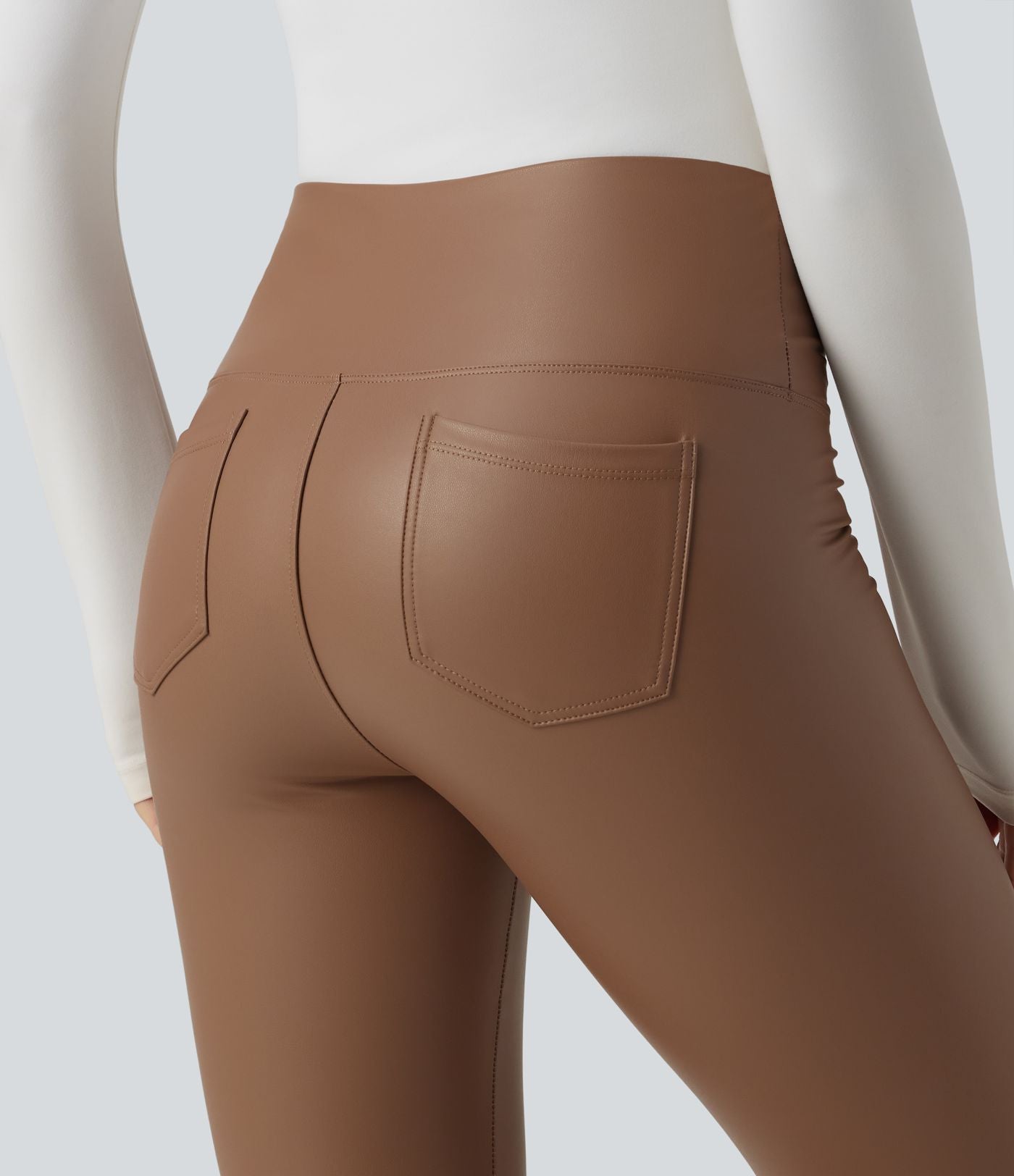 Pantalon 7/8 moulant décontracté polaire gainant taille haute extensible effet cuir avec poches