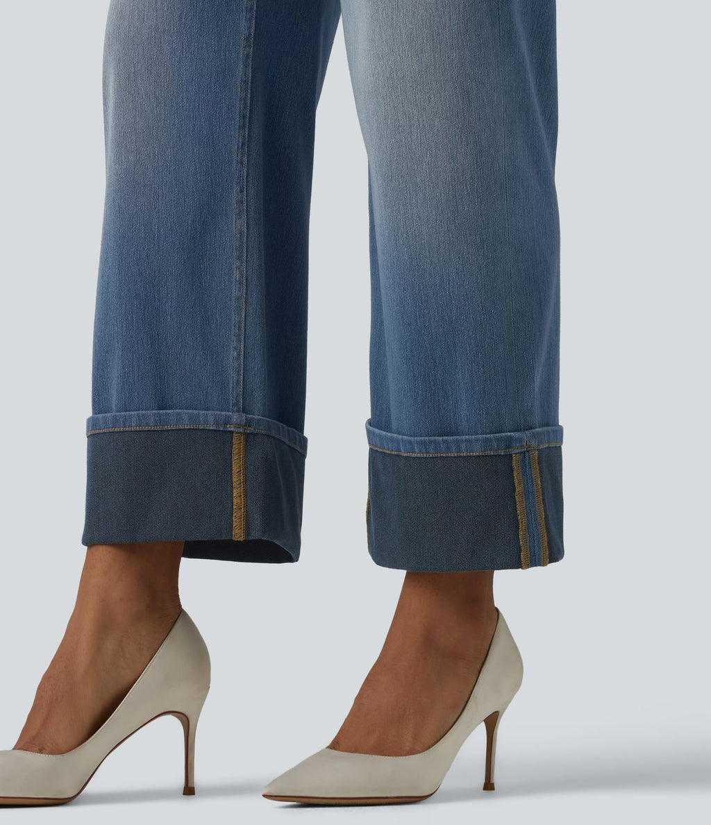 Jean coupe droite Halara Flex™ délavé décontracté, taille haute, à revers, à poches