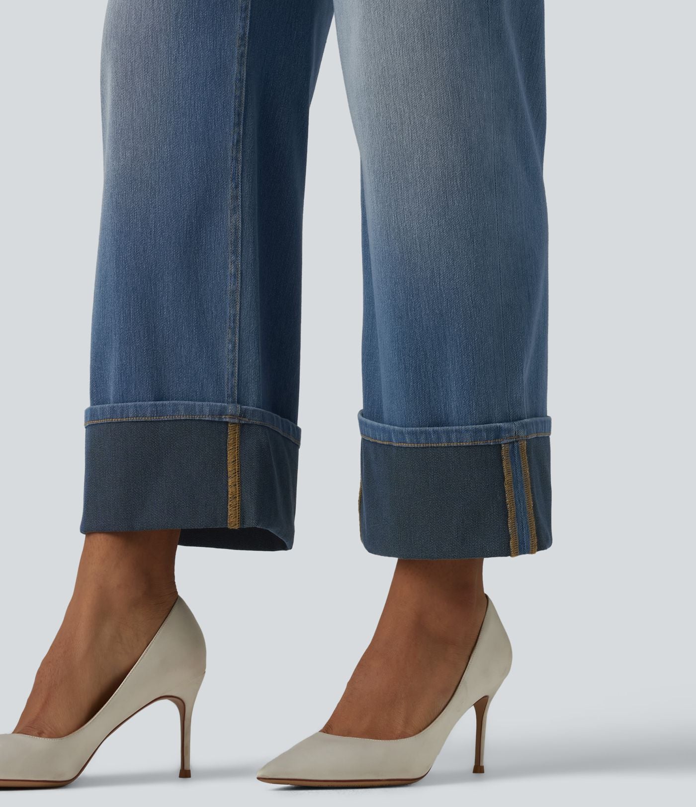 Jean coupe droite Halara Flex™ délavé décontracté, taille haute, à revers, à poches
