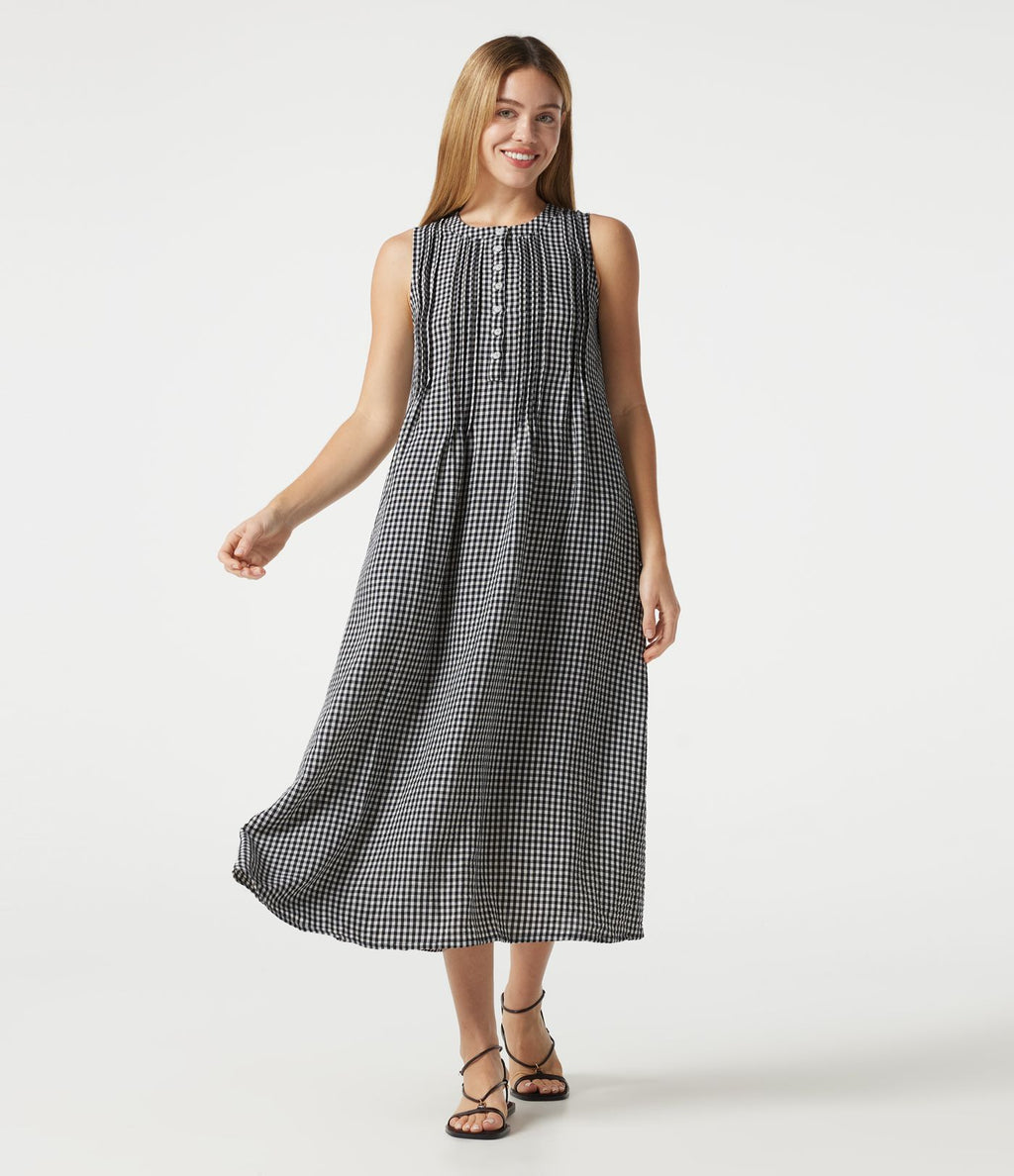 Robe casual midi à carreaux toucher lin col rond sans manches à poches