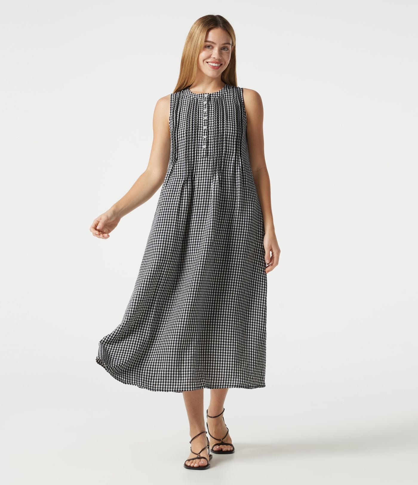 Robe casual midi à carreaux toucher lin col rond sans manches à poches