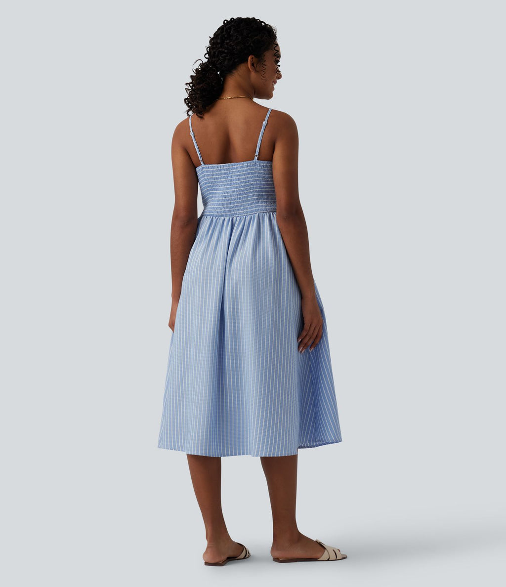 Robe midi bretelles à rayures froncée avec poches
