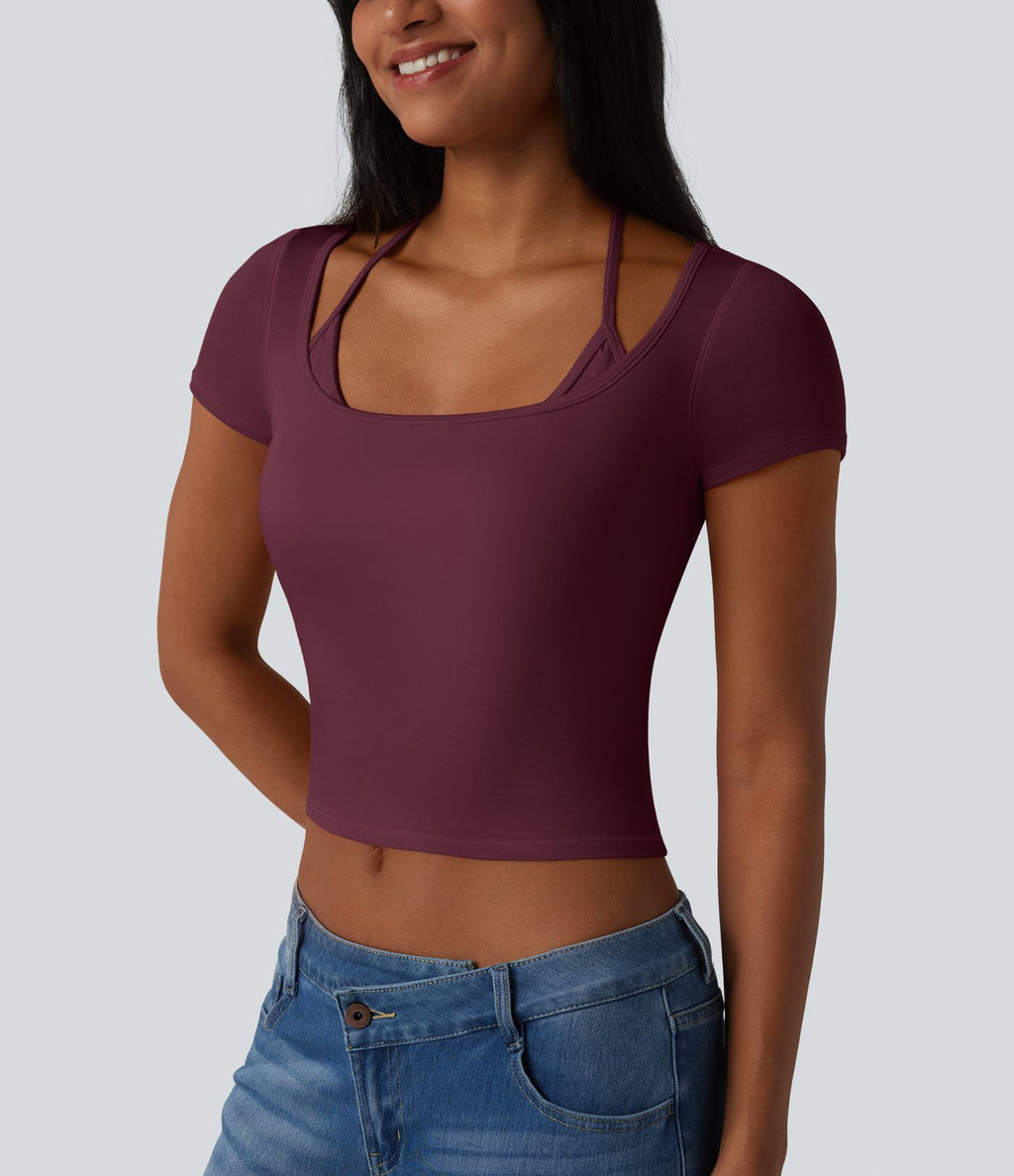 T-shirt crop décontracté côtelé dos nu à nouer avec soutien-gorge intégré manches courtes