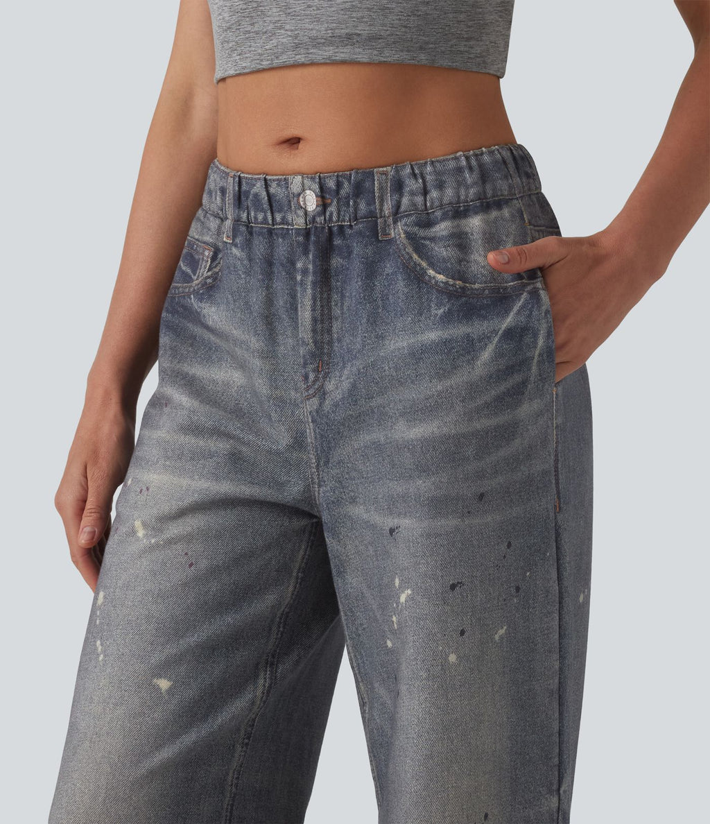 Jogging jean décontracté en molleton French Terry imprimé denim taille mi-haute avec poches