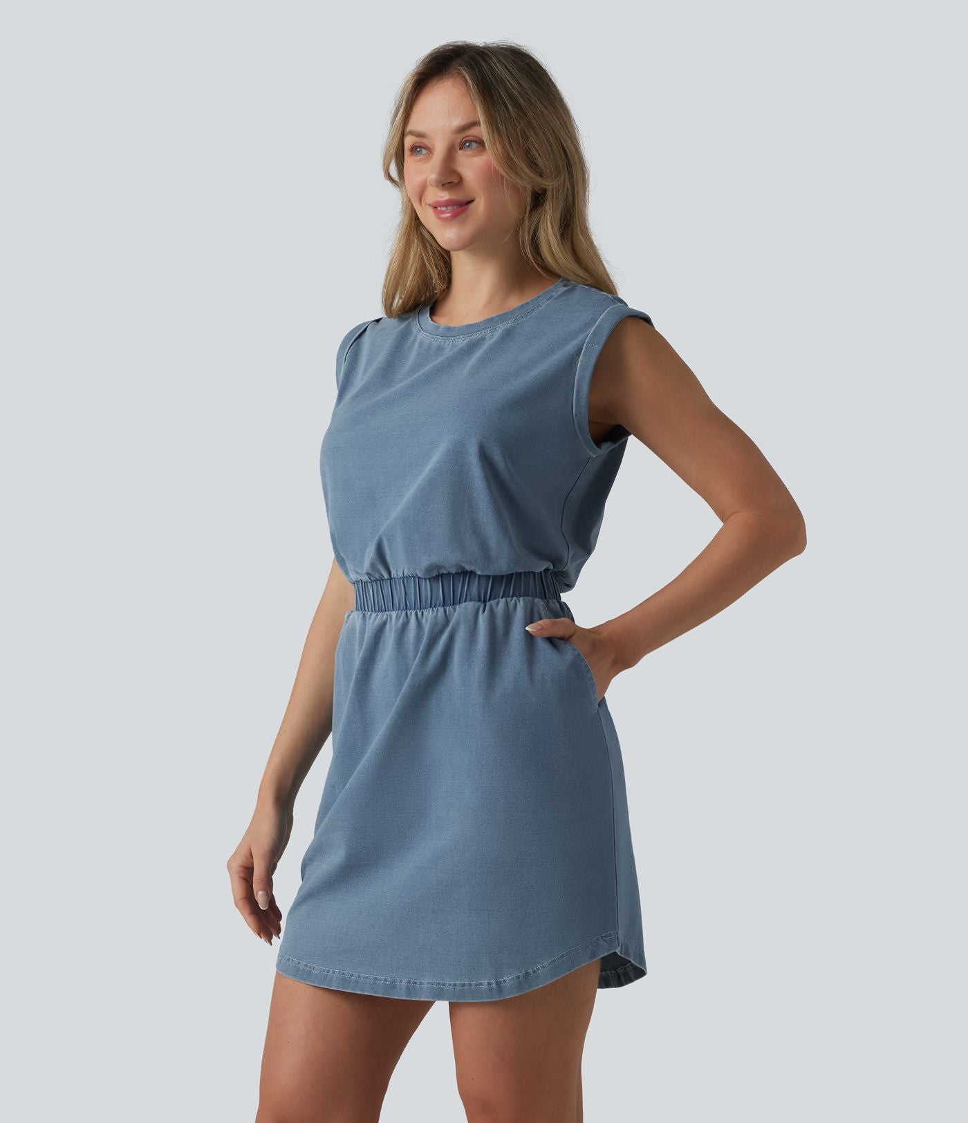 Robe mini casual en denim Halara Flex™ col rond sans manches ourlet arrondi avec poches