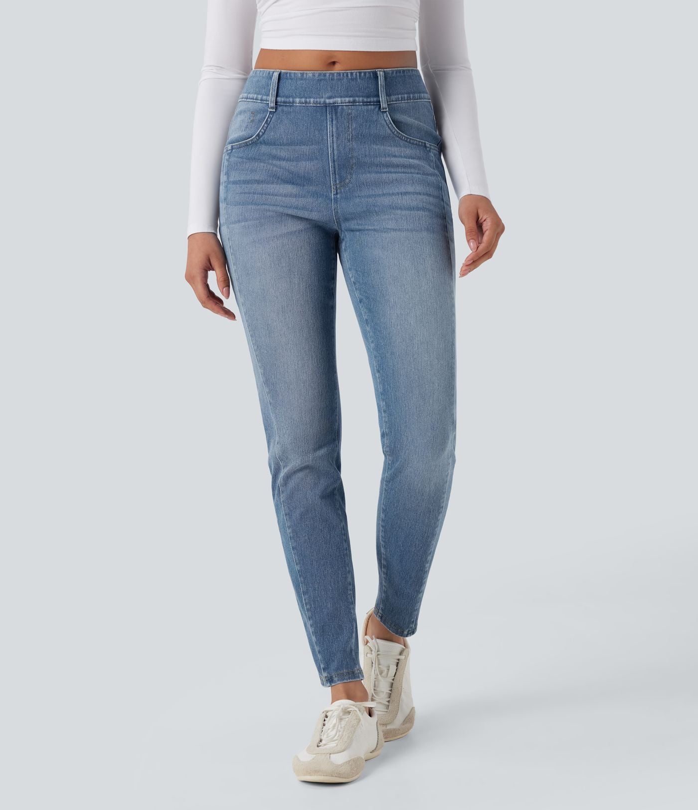 Jean skinny 7/8 décontracté taille mi-haute délavé Halara Flex™ avec poches