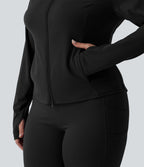 SoftlyZero™ Veste de randonnée grande taille ajustée zippée plissée à col montant avec passants pouces et poches - UPF50+