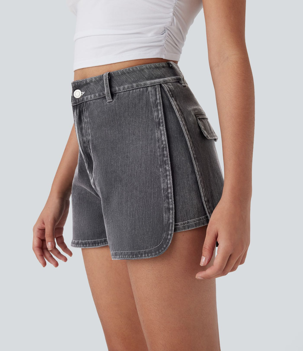 Short décontracté en denim extensible Halara Flex™ taille haute avec bouton, fermeture éclair et ourlet courbé 7,5 cm