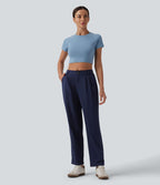 Pantalon casual fuselé 7/8 taille mi-haute plissé en popeline extensible à ourlet retroussé avec poches