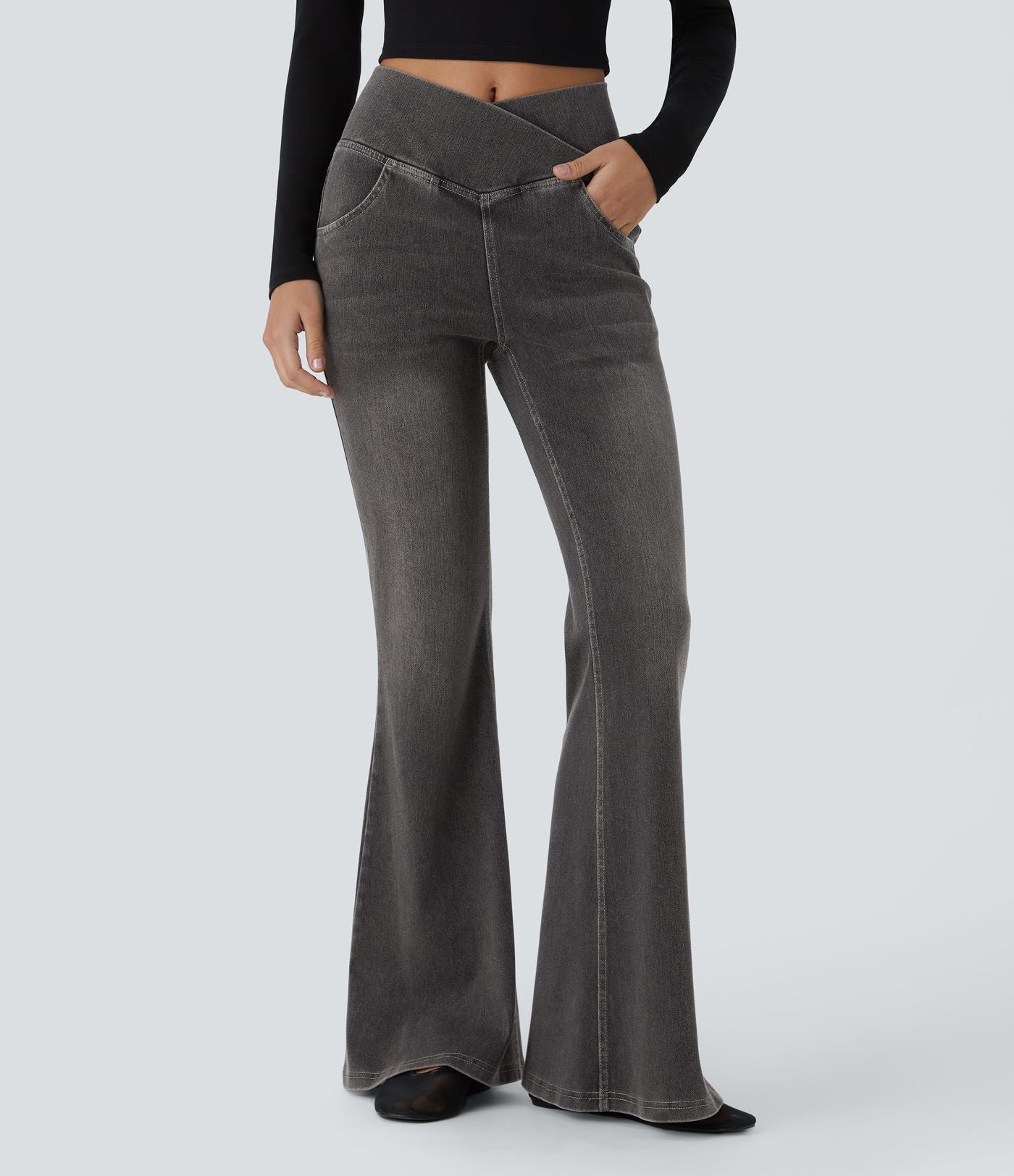 Halara Flex™ Jean Évasé à Taille Haute avec Poche Crossover Tissu Élastique Lavé