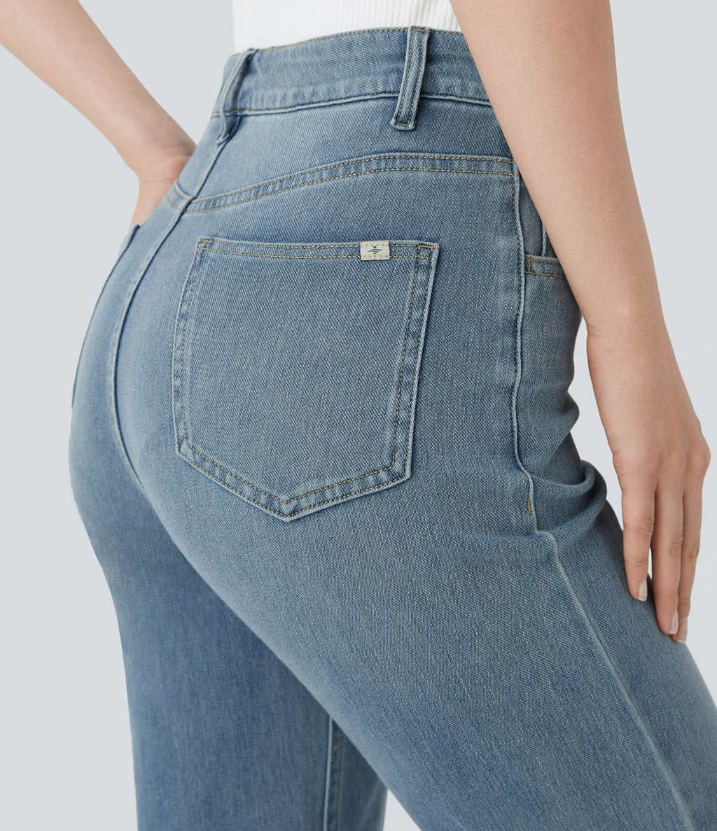 Jean droit Halara Flex™ à taille haute, poches multiples, effet délavé et tissu extensible