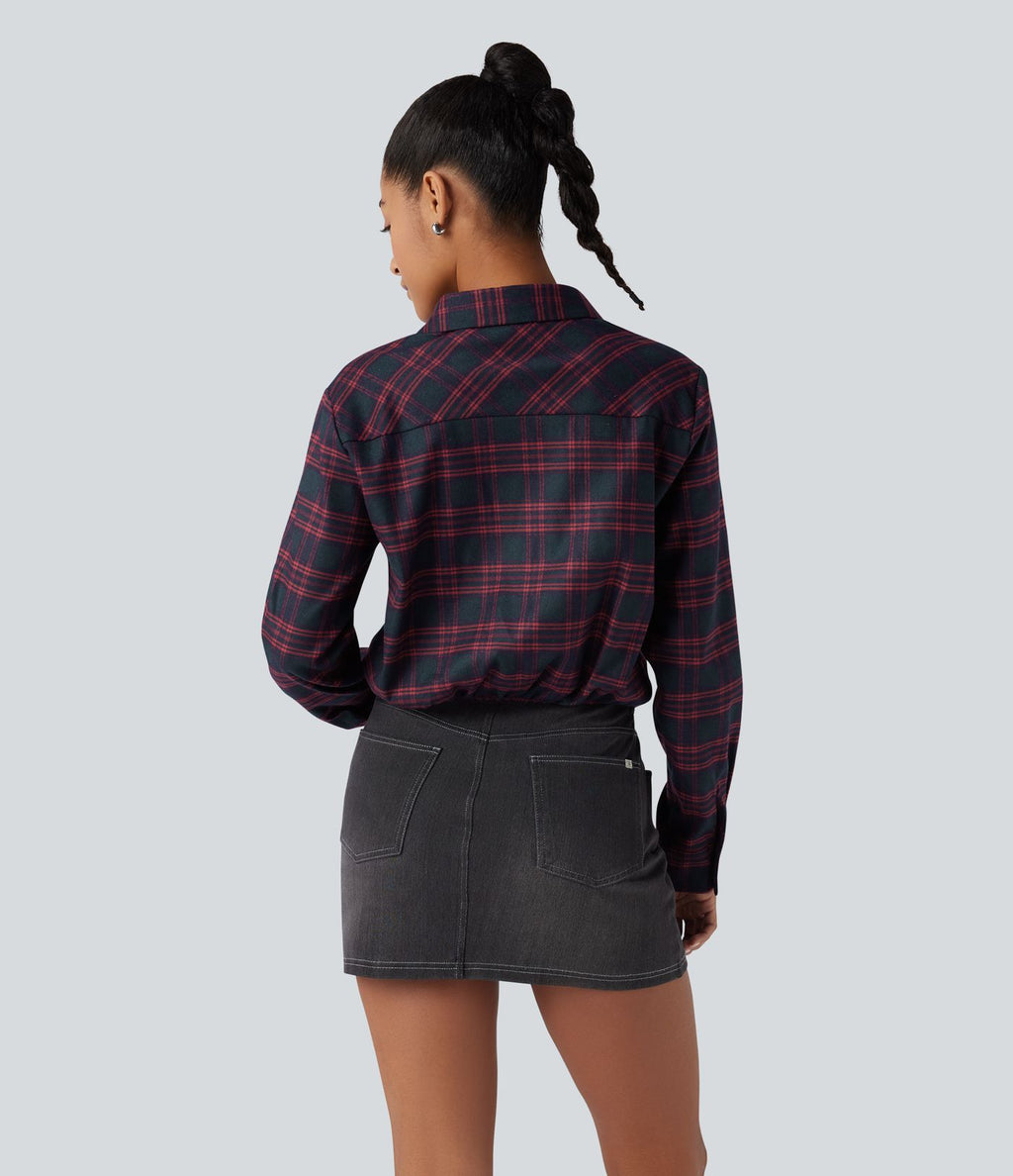 Chemise décontractée à carreaux, manches longues et nœud devant