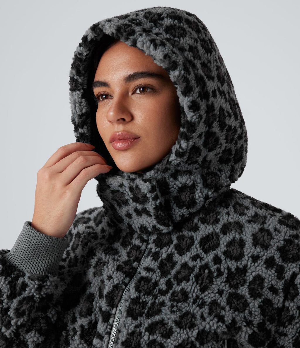 Veste sherpa imprimée léopard capuche amovible avec poches