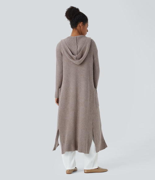 Cardigan long casual à capuche, manches longues et poches