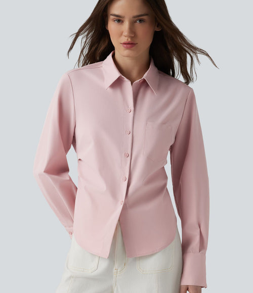 Chemise décontractée manches longues ourlet arrondi avec poche