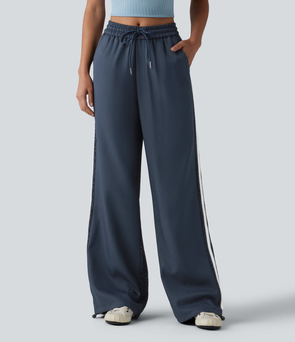 Pantalon ample décontracté taille mi-haute avec cordon de serrage color block rayures léopard contrastant avec poches