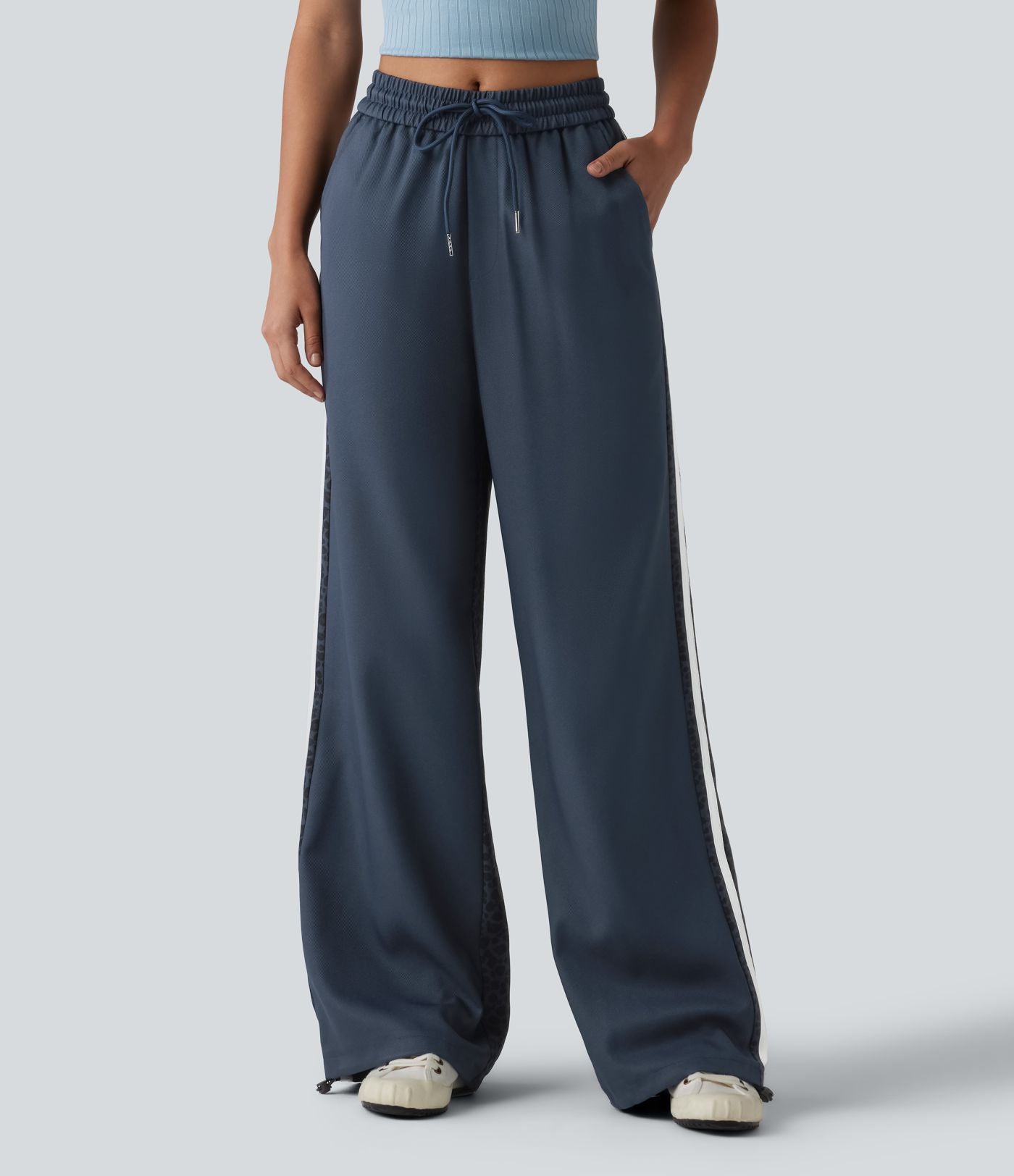Pantalon ample décontracté taille mi-haute avec cordon de serrage color block rayures léopard contrastant avec poches