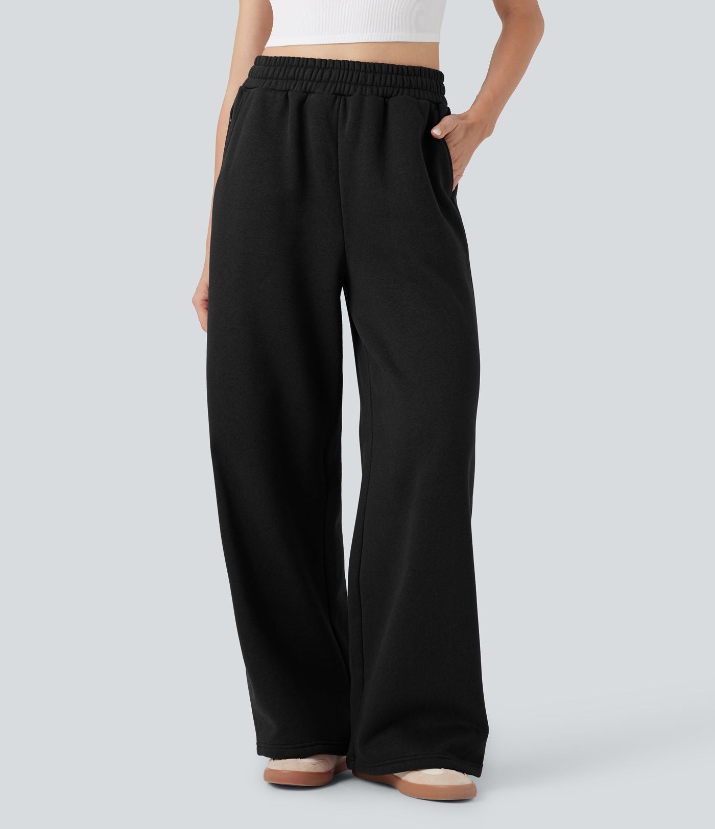 Pantalon jogging molleton coton taille haute avec cordon de serrage et poches
