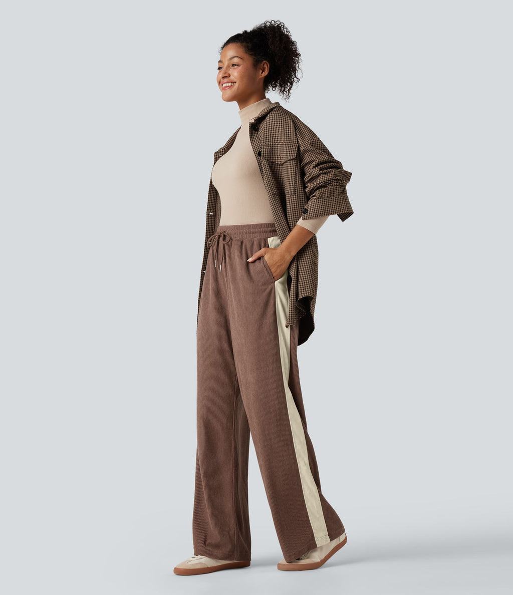 Pantalon jogging décontracté droit colorblock en velours côtelé, taille haute, avec cordon et poches