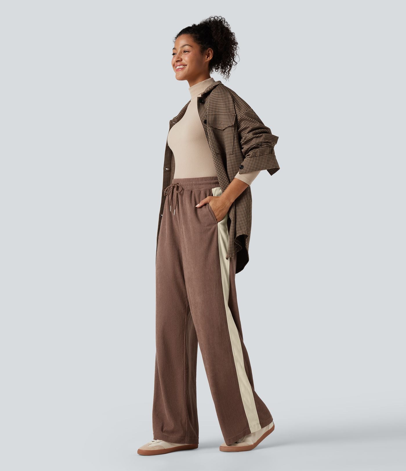 Pantalon jogging décontracté droit colorblock en velours côtelé, taille haute, avec cordon et poches