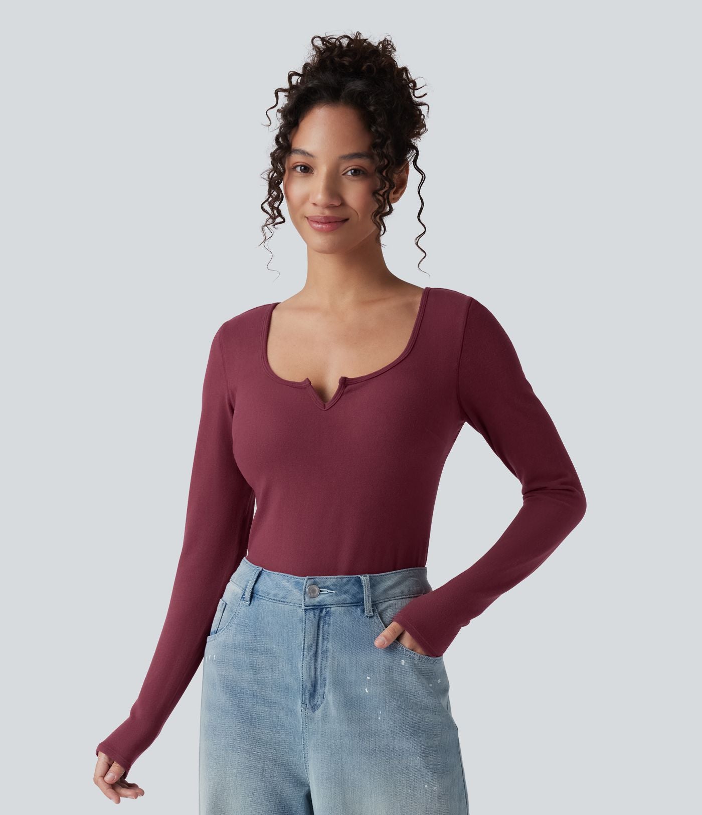 Top casual chaud push-up avec bonnets moulés, col cranté et manches longues - Bonnet A/B