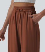 Pantalon casual large mélange lin taille haute avec cordon de serrage et poches