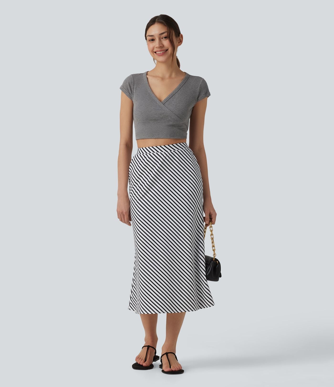 Jupe mi-longue casual à rayures taille haute avec poches