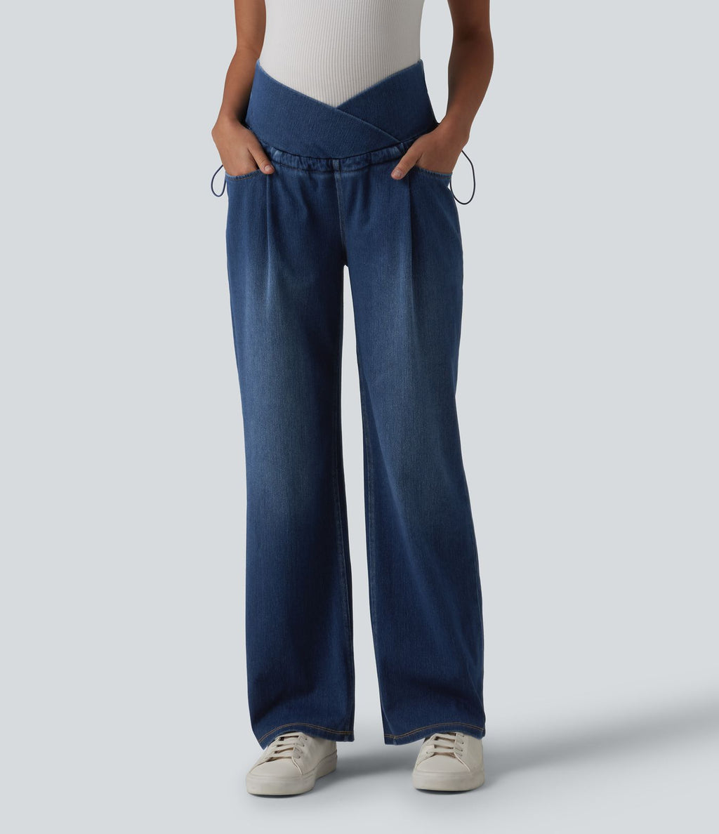 Halara Flex™ Jean de maternité ample décontracté à taille haute croisée avec cordon de serrage ajustable et poches