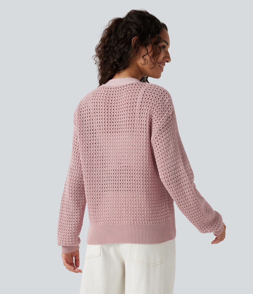 Cardigan décontracté en maille tricotée col V manches longues